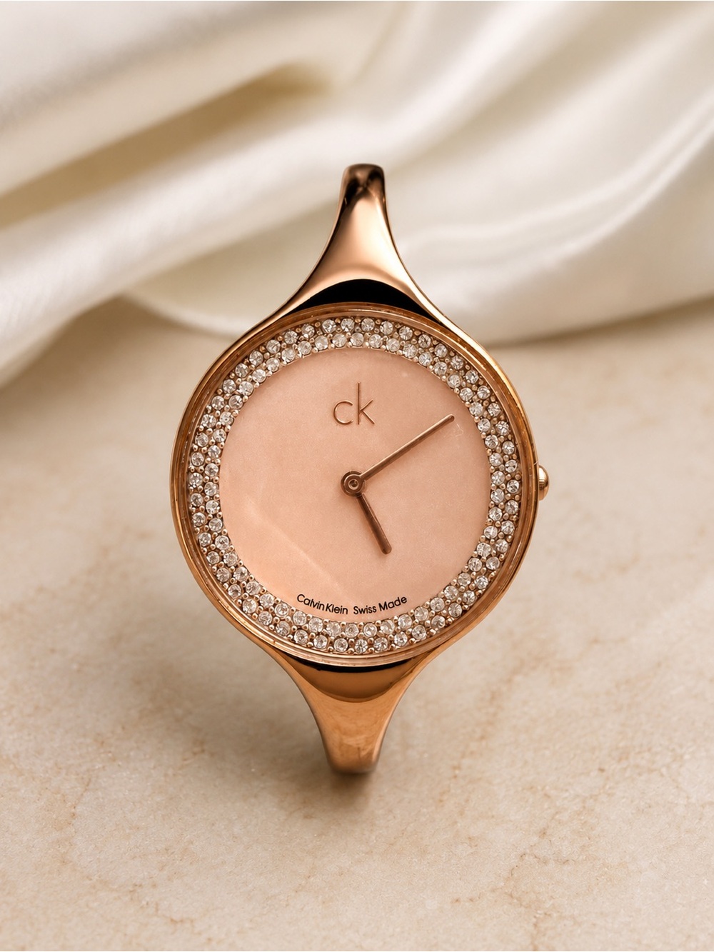 Calvin Klein Swiss Made Rose Gold Crystal Bangle Watch | New Battery | Running